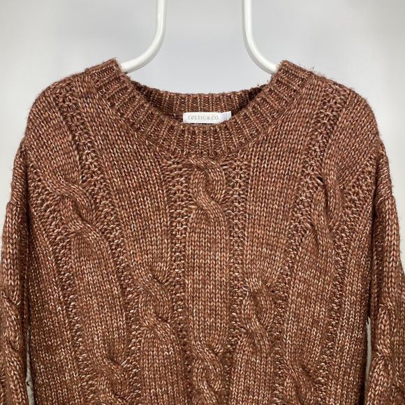 Celtic & Co Cable Knit Crewneck Jumper Chunky Aran 100% Merino Wool Brown Medium - Picture 2 of 12
